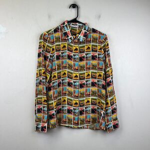 Alice + Olivia Western Postcard Print Silk Shirt Button-down Top Size M